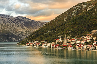 Perast at sunset, elevated view, from a cruise ship, Bay of Kotor, UNESCO World Heritage Site, Montenegro, Europe