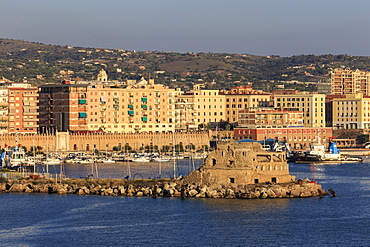 Civitavecchia and its harbour and fortifications, cruise ship port for Rome, from the sea, late afternoon sun, Civitavecchia, Lazio, Italy, Mediterranean, Europe