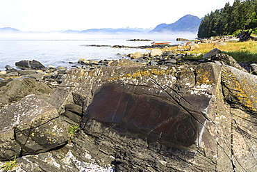 Petroglyphs with mist clearing from beautiful Petroglyph Beach, State Historic Park, Wrangell, Inside Passage, Alaska, United States of America, North America