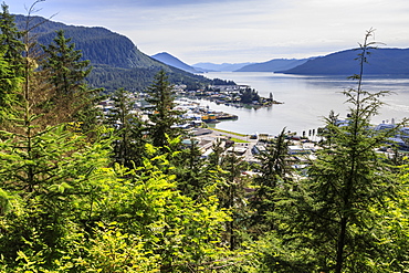 Stunning view, Wrangell and landscape from Mount Dewey trail lookout, Wrangell, pioneer port and fishing community, Alaska, United States of America, North America