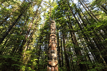 Lakich'inei Pole, Tlingit totem pole, lit by sun in rainforest, Sitka National Historic Park, Sitka, Baranof Island, Alaska, United States of America, North America