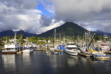 Crescent Boat harbour with beautiful wooded mountains and town of Sitka, rare sunny day, summer, Baranof Island, Alaska, United States of America, North America