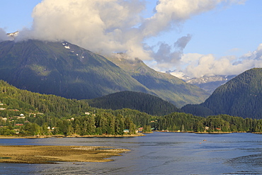 Forested mountains and wooden houses, from Sitka Sound, rare evening sun, summer, Sitka, Northern Panhandle, Alaska, United States of America, North America