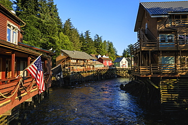 Creek Street, Ketchikan Creek boardwalk, historic red-light district, beautiful sunny summer evening, Ketchikan, Alaska, United States of America, North America