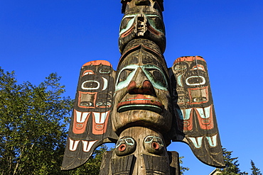 Chief Johnson Tlingit totem pole, beautiful sunny summer day, Ketchikan, Southern Panhandle, Southeast Alaska, United States of America, North America