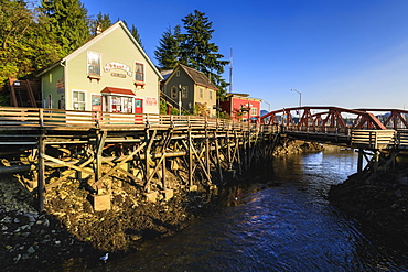 Creek Street, Ketchikan Creek boardwalk, historic red-light district, beautiful sunny summer evening, Ketchikan, Alaska, United States of America, North America