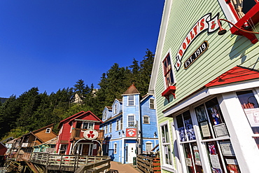 Dolly's House Museum, Creek Street, Ketchikan Creek boardwalk, historic red-light district, sunny day, Ketchikan, Alaska, United States of America, North America