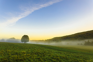 Autumn (fall) morning mists, distant moors, Chatsworth Park, home of the Duke of Devonshire, Chesterfield, Derbyshire, England, United Kingdom, Europe