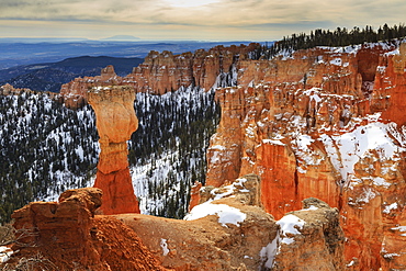 Top-heavy hoodoo, pine trees and cliffs with snow and a cloudy sky, Agua Canyon, Bryce Canyon National Park, Utah, United States of America, North America