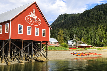 Restored salmon cannery museum and boats, Icy Strait Point, Hoonah, summer, Chichagof Island, Inside Passage, Alaska, United States of America, North America