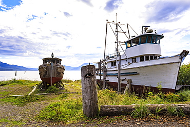 Fishing boats on the shore, Icy Strait Point, near Hoonah, summer, Chichagof Island, Inside Passage, Southeast Alaska, United States of America, North America