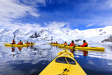 Kayaking amongst spectacular icebergs, mountains and glaciers, sunny Neko Harbour, Anvord Bay, Antarctic Peninsula, Antarctica, Polar Regions