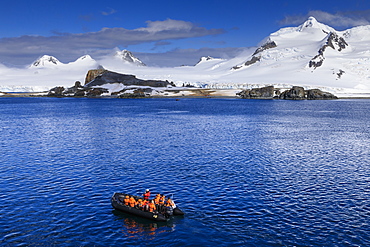 Zodiac boat, expedition tourists, landing beach, Half Moon Island, Livingston Island view, South Shetland Islands, Antarctica, Polar Regions