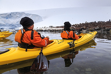 Couple kayaking in the snow, watching a Gentoo penguin colony, Chilean Gonzalez Videla Station, Waterboat Point, Antarctica, Polar Regions