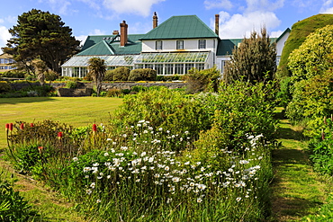 Government House, 1845, conservatory, green iron roof, beautiful grounds, blue sky, Stanley, Port Stanley, Falkland Islands, South America