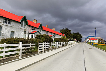 Historic Marmont Row, red roof, whitewashed, Victory Green, Stanley, Port Stanley, Falkland Islands, South America