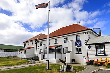 Historic Police Station Headquarters, British Flag, Central Stanley, Port Stanley, Falkland Islands, South America