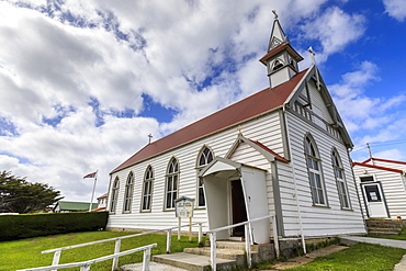 Traditional white wooden church, British Flag, Central Stanley, Port Stanley, Falkland Islands, South America