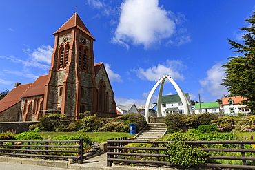 Christ Church Cathedral, restored Whalebone Arch, traditional houses, Stanley, Port Stanley, Falkland Islands, South America