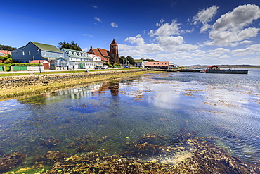 Stanley waterfront reflections, Christ Church Cathedral, Whalebone Arch, Stanley, Port Stanley, Falkland Islands, South America