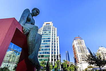 Huge sculpture, prestigious El Golf area, view to Sanhattan and Gran Torre Santiago, Las Condes, Santiago, Chile, South America