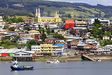 Castro, from the sea, Iglesia San Francisco de Castro, UNESCO World Heritage Site, fishing boats, Isla Grande de Chiloe, Chile, South America