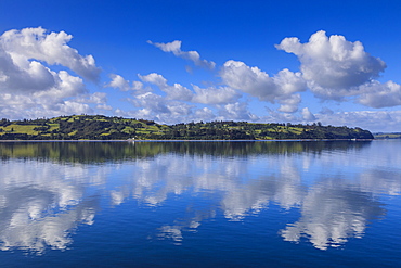 Castro inlet reflections, rural scene, fluffy clouds and rolling hills, Isla Grande de Chiloe, Chilean Lake District, Chile, South America