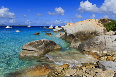 Yachts, swimmers and granite rocks, The Baths, Virgin Gorda, British Virgin Islands (BVI), West Indies, Caribbean, Central America 