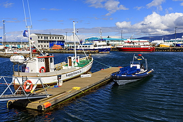 Colourful tour boats in Reykjavik Old Harbour, welcome sign, blue sea and summer sky, Reykjavik, Iceland, Polar Regions