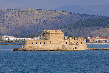 Sunlit Venetian Bourtzi Fortress, island, Nafplio (Nafplion), near Argos, Argolic Gulf, eastern Peloponnese, Greece, Europe