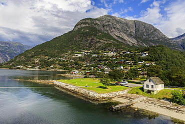 Beautiful Eidfjord village, elevated view, sunny day, off Hardangerfjord, Norwegian Western Fjords, Norway, Scandinavia, Europe