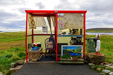 Bobby's Bus Shelter, uniquely decorated and quirky, annual theme, Baltasound, Island of Unst, Shetland Isles, Scotland, Europe