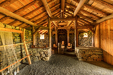 Replica Viking longhouse, interior, Haroldswick, Island of Unst, Shetland Isles, Scotland, United Kingdom, Europe