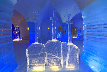 Sorrisniva Igloo Hotel, snow or ice hotel, striking sculpture in lobby, Alta, Winter, Finnmark, Arctic Circle, North Norway, Scandinavia, Europe