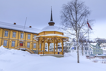 Radstua theatre former town hall, music pavilion, deep snow in winter, Tromso, Troms, Arctic Circle, North Norway, Scandinavia, Europe