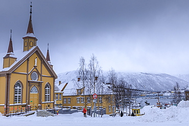 Tromso, after heavy snow, Catholic Cathedral, Tromso Bridge in winter, Troms, Arctic Circle, North Norway, Scandinavia, Europe