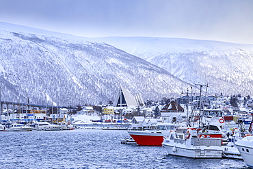 Tromso, small boat harbour, fjord, bridge, Arctic Cathedral, after heavy snow in winter, Troms, Arctic Circle, North Norway, Scandinavia, Europe