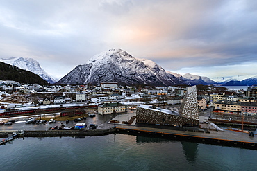 Andalsnes, town, Rauma Railway, mountain snow at dawnin winter, elevated view from Romsdalsfjord, More og Romsdal, Norway, Scandinavia, Europe