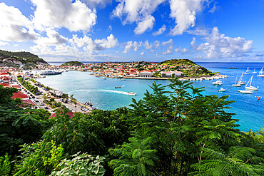 Elevated view over pretty Gustavia harbour and town and out to sea, Gustavia, St. Barthelemy ((St. Barts) (St. Barth), West Indies, Caribbean, Central America