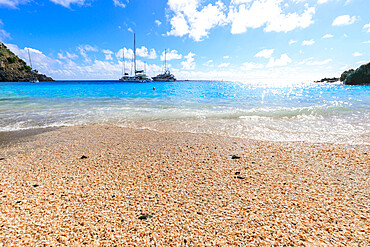 Shell Beach, yachts anchored in turquoise bay, Gustavia, St. Barthelemy (St. Barts) (St. Barth), West Indies, Caribbean, Central America