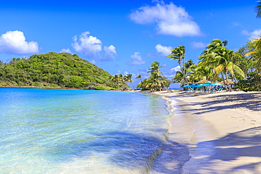 Beautiful white sand beach, turquoise sea, palm trees, Saltwhistle Bay, Mayreau, Grenadines, St. Vincent and The Grenadines, Windward Islands, West Indies, Caribbean, Central America