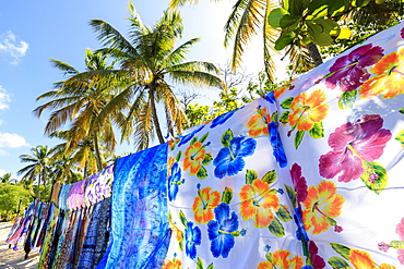 Beautiful hanging backlit wraps, white sand beach, palm trees, sun, Saltwhistle Bay, Mayreau, Grenadines, St. Vincent and The Grenadines, Windward Islands, West Indies, Caribbean, Central America