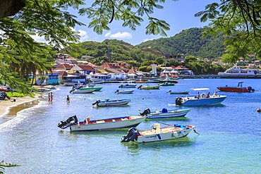 Anse du Bourg, town beach and boats, Terre de Haut, Iles Des Saintes, Les Saintes, Guadeloupe, Leeward Islands, West Indies, Caribbean, Central America