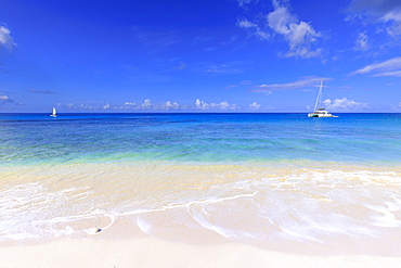 Paynes Bay, small boats off fine pale pink sand beach, turquoise sea, beautiful West Coast, Barbados, Windward Islands, West Indies, Caribbean, Central America