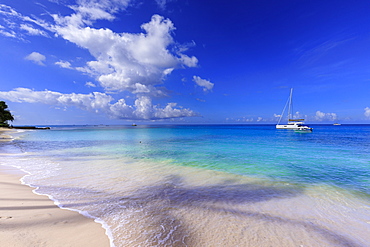 Paynes Bay, small boats off fine pale pink sand beach, turquoise sea, beautiful West Coast, Barbados, Windward Islands, West Indies, Caribbean, Central America