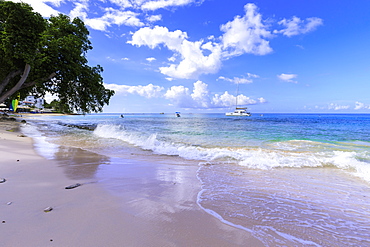 Paynes Bay, small boats off fine pale pink sand beach, turquoise sea, beautiful West Coast, Barbados, Windward Islands, West Indies, Caribbean, Central America