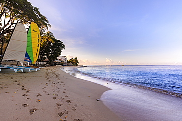 Paynes Bay at sunrise, colourful sail boats on pink sand beach, beautiful West Coast, Barbados, Windward Islands, West Indies, Caribbean, Central America