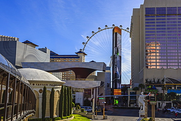 View across The Strip from Caesars, with Caesars walkway and High Roller Observation Wheel, Las Vegas, Nevada, United States of America, North America