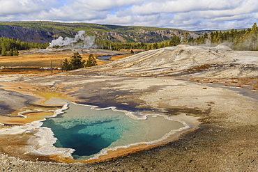 Elevated view of Doublet Pool, Firehole River and Castle Geyser, Upper Geyser Basin, Yellowstone National Park, UNESCO World Heritage Site, Wyoming, United States of America, North America