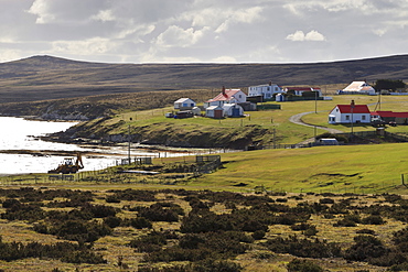 Waterside painted wooden cottages with corrugated iron roofs, Johnson's Harbour settlement, East Falkland, Falkland Islands, South America
